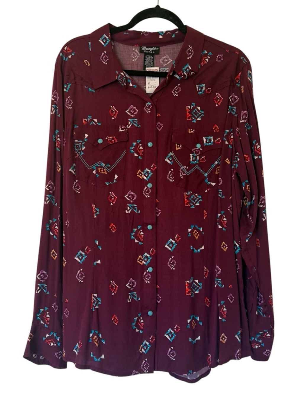 NWT Wrangler Retro Maroon Red Aztec Print Turquoise Button-Up Shirt Women’s XL